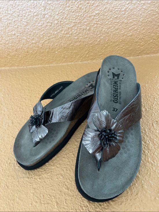 Mephisto Shoes - Mephisto Women's Metallic Gray Floral Thong Sandals